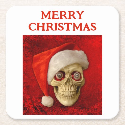 Prettig kerstfeest. Schedel met kerstmuts Kartonnen Onderzetters (Voorkant)