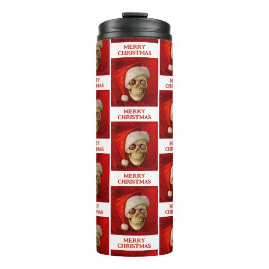 Prettig kerstfeest. Schedel met kerstmuts Thermosbeker (Voorkant)
