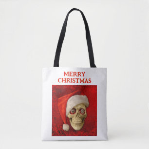 Prettig kerstfeest. Schedel met kerstmuts Tote Bag