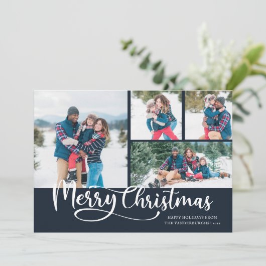 Prettig kerstfeest Script 4 Foto Kerstmis Feestdagenkaart (Staand voorkant)