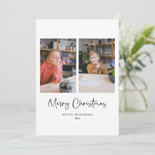 Prettig kerstfeest script aangepaste bericht drie feestdagenkaart (Staand voorkant)