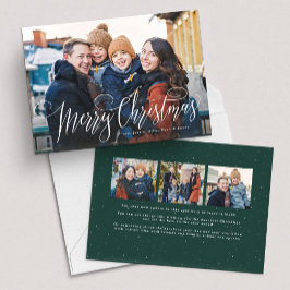 Prettig kerstfeest script eenvoudig groen vier fot feestdagenkaart