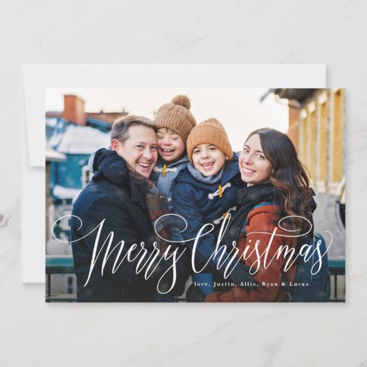 Prettig kerstfeest script eenvoudig rood vier foto feestdagenkaart (Voorkant)