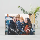 Prettig kerstfeest script eenvoudig rood vier foto feestdagenkaart (Staand voorkant)