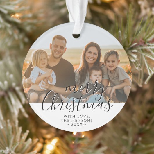 Prettig kerstfeest script familie foto ornament (Boom)