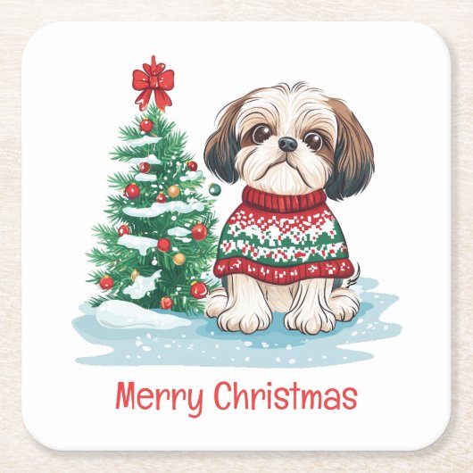 Prettig kerstfeest Shih Tzu hond Kartonnen Onderzetters (Voorkant)