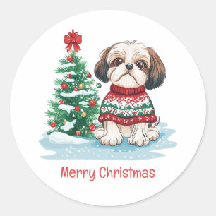 Prettig kerstfeest Shih Tzu Kerstman Hond Ronde Sticker