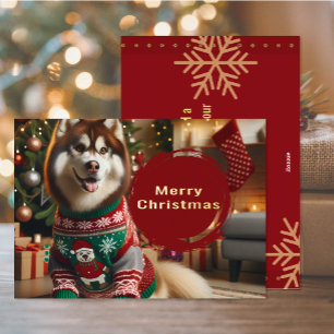 Prettig kerstfeest Siberische Husky Folie Wenskaar Feestdagenkaart