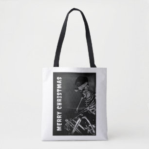 Prettig kerstfeest. Skelet met kerstmuts Tote Bag