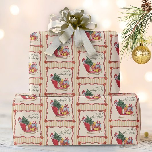 Prettig kerstfeest slee rit strepen cadeaupapier