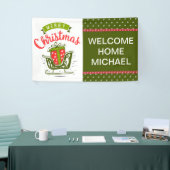 Prettig kerstfeest slee thuiskomst rood groen  spandoek (Beurs)