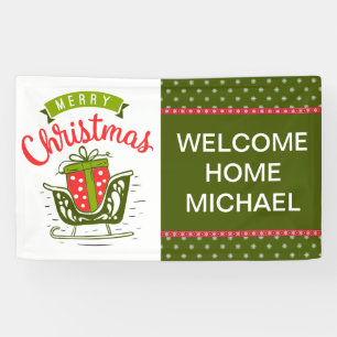Prettig kerstfeest slee thuiskomst rood groen  spandoek