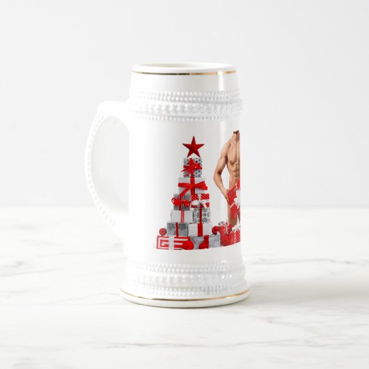Prettig kerstfeest SlipperyJoe rood wit zilver ges Bierpul (Voorkant links)