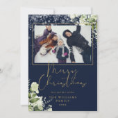 Prettig kerstfeest Sneeuw Bloem Goud En Blauwe Fot Feestdagenkaart (Voorkant)