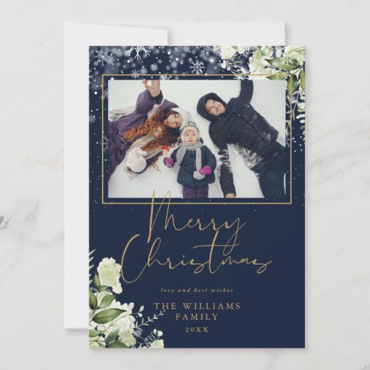 Prettig kerstfeest Sneeuw Bloem Goud En Blauwe Fot Feestdagenkaart (Voorkant)