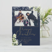 Prettig kerstfeest Sneeuw Bloem Goud En Blauwe Fot Feestdagenkaart (Staand voorkant)