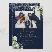 Prettig kerstfeest Sneeuw Bloem Goud En Blauwe Fot Feestdagenkaart (Voorkant / Achterkant)