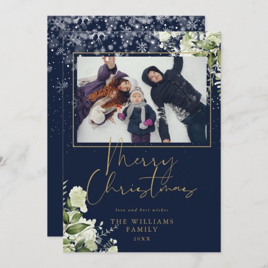 Prettig kerstfeest Sneeuw Bloem Goud En Blauwe Fot Feestdagenkaart (Voorkant / Achterkant)