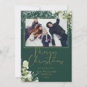 Prettig kerstfeest Sneeuw Bloem Goud en Groen Foto Feestdagenkaart (Voorkant)