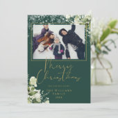 Prettig kerstfeest Sneeuw Bloem Goud en Groen Foto Feestdagenkaart (Staand voorkant)