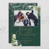 Prettig kerstfeest Sneeuw Bloem Goud en Groen Foto Feestdagenkaart (Voorkant / Achterkant)