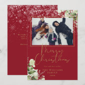 Prettig kerstfeest Sneeuw Bloem Goud En Rood Foto Feestdagenkaart (Voorkant / Achterkant)