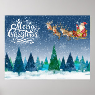 Prettig kerstfeest Sneeuw Bos en Kerstman in slee Poster
