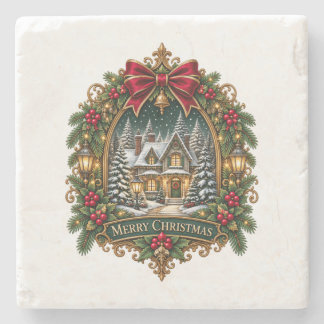 Prettig kerstfeest Sneeuwig huisje Stenen onderzet Onderzetter