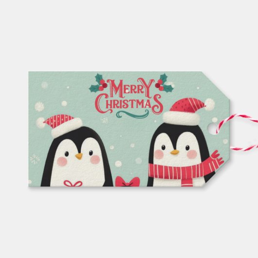 Prettig kerstfeest sneeuwige pinguïns cadeaulabel (Voorkant (Horizontaal))