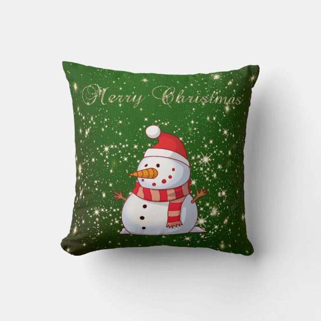 Prettig Kerstfeest,Sneeuwman,Glitters,Groen Kussen (Voorkant)