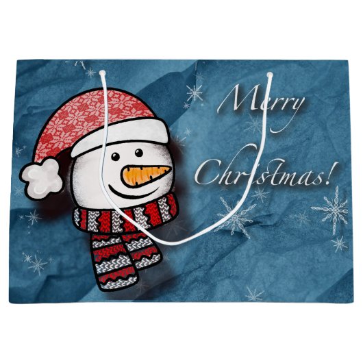 Prettig kerstfeest, sneeuwman met gebreide kleren groot cadeauzakje (Voorkant)