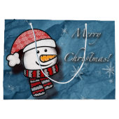 Prettig kerstfeest, sneeuwman met gebreide kleren groot cadeauzakje (Achterkant)