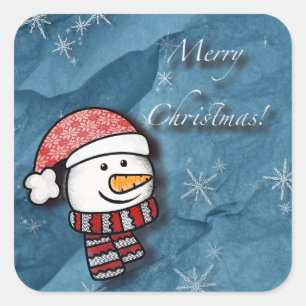 Prettig kerstfeest, sneeuwman met gebreide kleren vierkante sticker