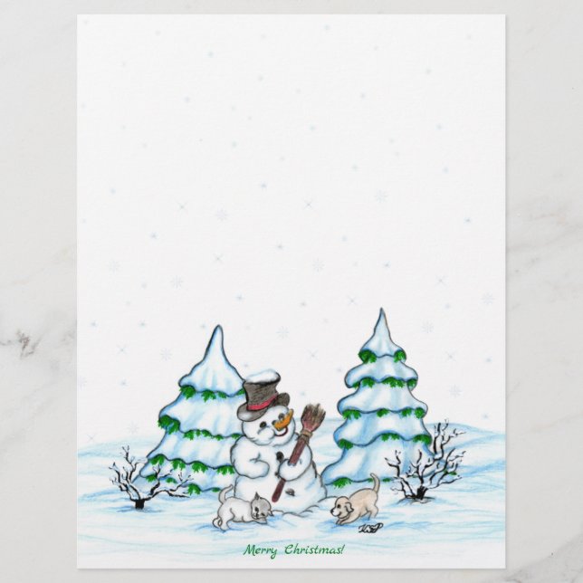 Prettig kerstfeest! Sneeuwman met Kat en Puppy Briefhoofd (Voorkant)