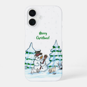 Prettig kerstfeest! Sneeuwman met Kat en Puppy iPhone 16 Hoesje