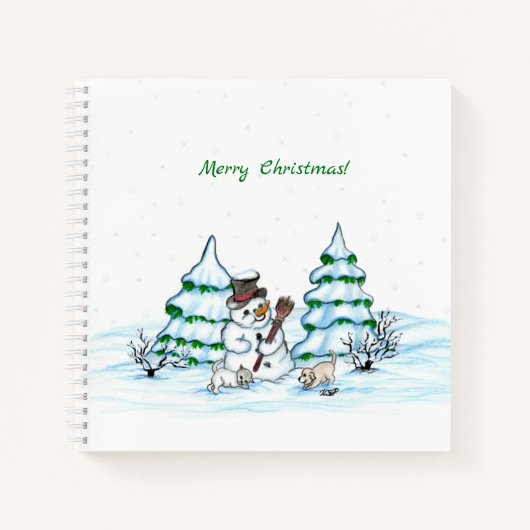 Prettig kerstfeest! Sneeuwman met Kat en Puppy Notitieboek (Voorkant)