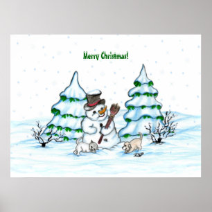 Prettig kerstfeest! Sneeuwman met Kat en Puppy Poster