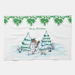 Prettig kerstfeest! Sneeuwman met Kat en Puppy Theedoek