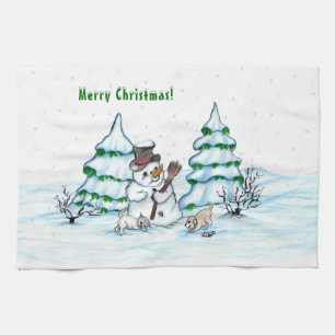 Prettig kerstfeest! Sneeuwman met Kat en Puppy Theedoek