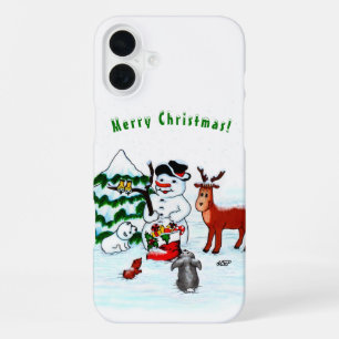 Prettig kerstfeest! Sneeuwman met vrienden iPhone 16 Plus Hoesje