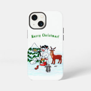 Prettig kerstfeest! Sneeuwman met vrienden iPhone 13 Mini Hoesje