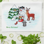 Prettig kerstfeest! Sneeuwman met vrienden Theedoek (Gevouwen)