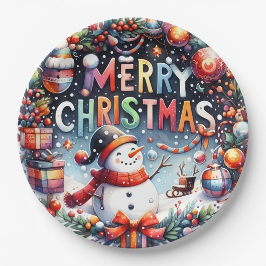 Prettig kerstfeest Sneeuwman Papieren Bordje (Voorkant)