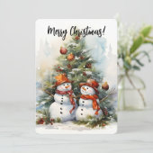 Prettig kerstfeest Sneeuwmannen en Kerstboom Feestdagenkaart (Staand voorkant)