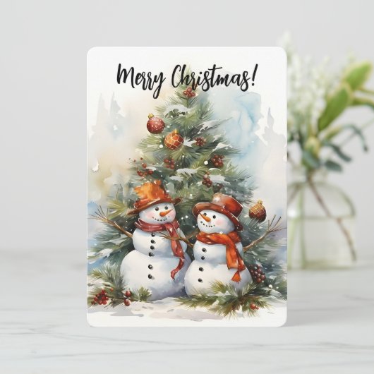 Prettig kerstfeest Sneeuwmannen en Kerstboom Feestdagenkaart (Staand voorkant)