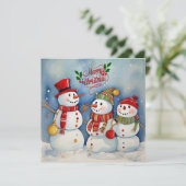 Prettig kerstfeest, Sneeuwmannen vieren feest Feestdagenkaart (Staand voorkant)