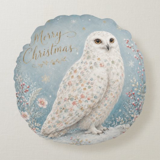 Prettig kerstfeest Sneeuwuil Winter Wonderland Rond Kussen (Voorkant)