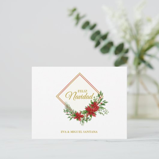 Prettig Kerstfeest Spaans met Poinsettia en Hulst Briefkaart (Staand voorkant)