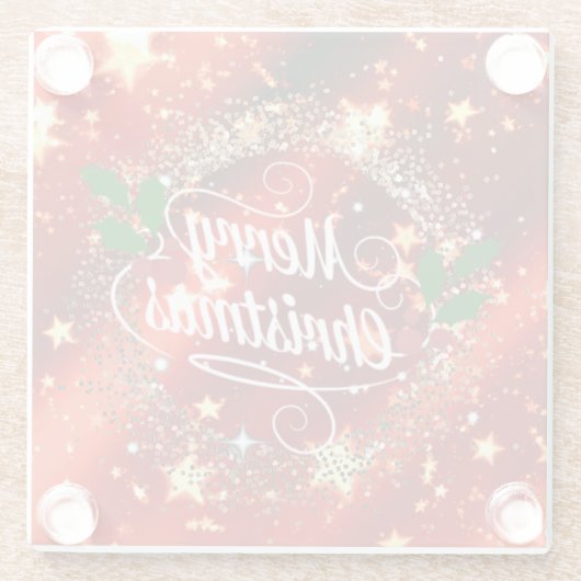 Prettig kerstfeest, sprankelend rood en goud ontwe glazen onderzetter (Achterkant)