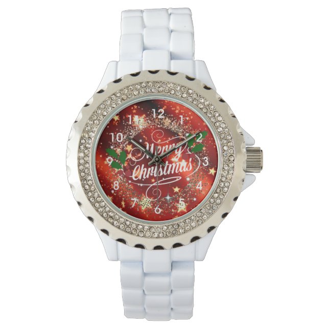 Prettig kerstfeest, sprankelend rood en goud ontwe horloge (Voorkant)